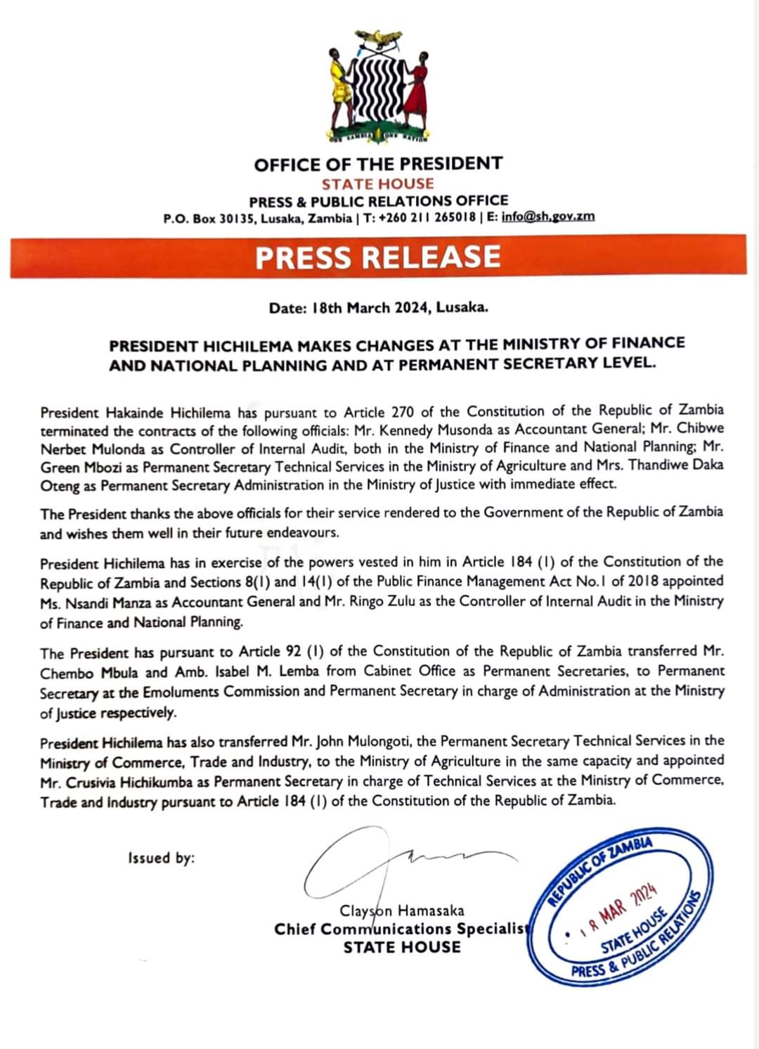 PRESIDENT HICHILEMA MAKES CHANGES AT MINISTRY OF FINANCE, AGRICULTURE AND JUSTICE